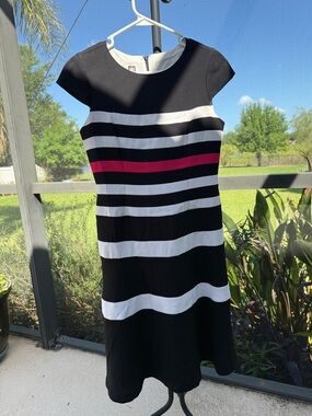 Anne Klein Black, White and Pink Striped Midi Dress
